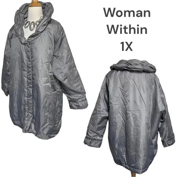 Woman Within‎ 1X grey lightweight chic plus-size rain coat - Picture 1 of 9